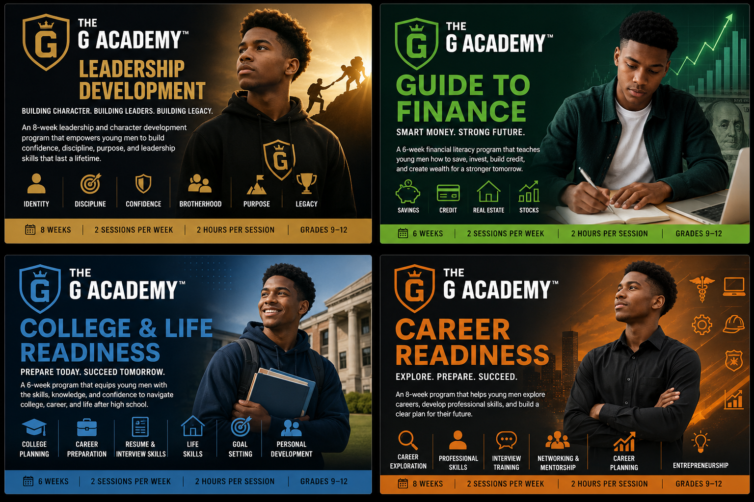 The G Academy four teen program fliers: Leadership Development, Guide to Finance, College & Life Readiness, and Career Readiness